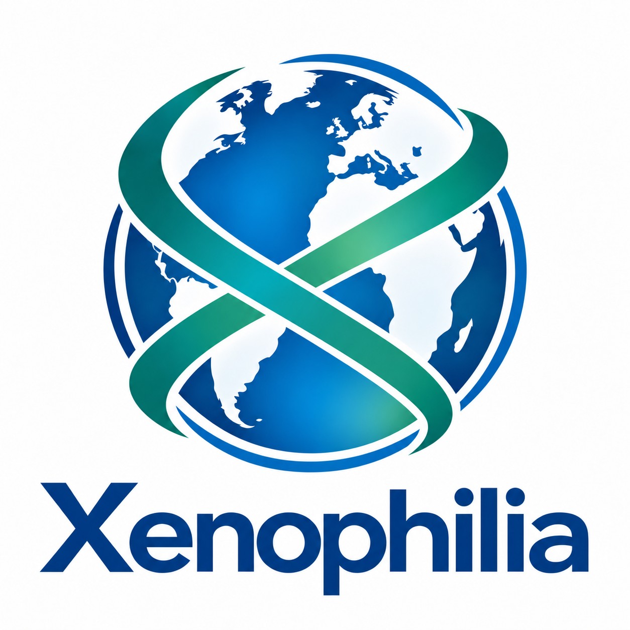 Logo Xenophilia: globo blu attraversato da una X verde